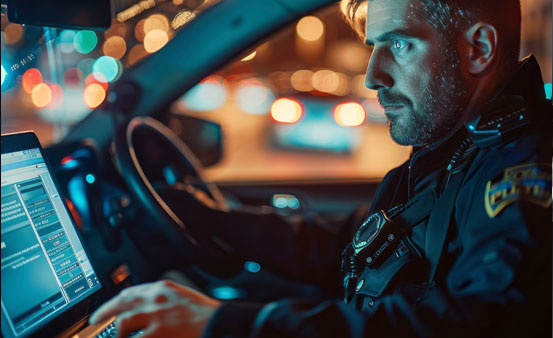 Photo of First Responder using computer equipment in vehicle