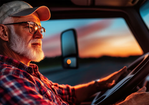 Photo of Truck Driver driving a dusk on a highway